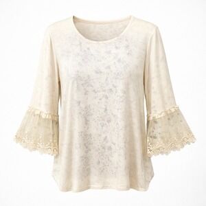 Origami by Vivien Women XXL Cream Floral Tunic Top Lace Bell Sleeve